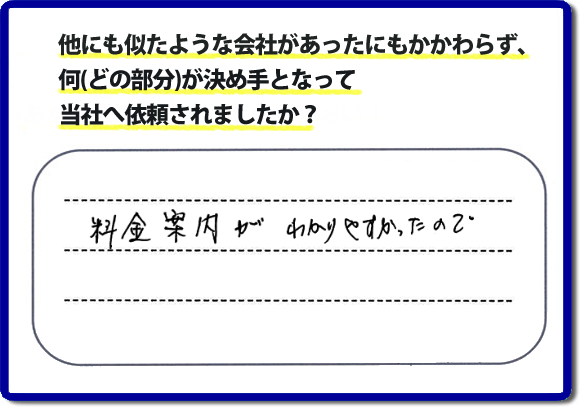 口コミ５　料金案内がわかりやすかったので。当社では、不用品片付け、お掃除、修理、などすべての作業において、お問い合せ時には費用の目安をお伝えして、現地では再度お見積り行いお客様のご承諾をいただいてから必ず作業を行っています。安心と信頼の何でも屋・便利屋なら「【便利屋】暮らしなんでもお助け隊 福岡別府店」（福岡）へお電話ください。ホームページではたくさんのクチコミ・評判のお客様の声・笑顔を掲載しています。ぜひご参考にしてください。