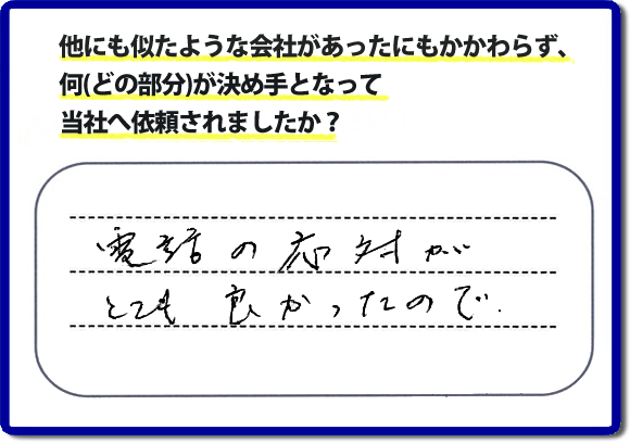 口コミ５　電話の応対がとてもよかったので。何でも屋・便利屋の「【便利屋】暮らしなんでもお助け隊 福岡別府店」のクチコミ評判では、電話応対について高く評価していただいています。実家の片付けでお困りの女性（姉妹）のお客様が、安心して相談できるように心がけています。どんな些細なことでも構いませんので、お問い合せください。