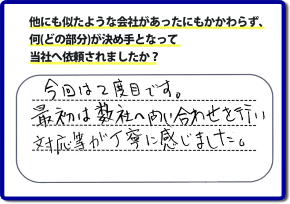 口コミ評判１４　今回で２度目です。最初は弊社へ問合せを行い対応等が丁寧に感じました。便利屋・何でも屋の「【便利屋】暮らしなんでもお助け隊 福岡別府店」（福岡）のホームページでは、代表者山口は、電話の対応に気を付けています。スタッフの顔写真・お客様の笑顔・実際のお客様の口コミ評判コメントを掲載しています。安心と信頼を心がけ作業を行い続けて２０年。家のことで困ったら町の便利屋・何でも屋の【便利屋】暮らしなんでもお助け隊 福岡別府店　電話番号0120-263-101へお電話ください。