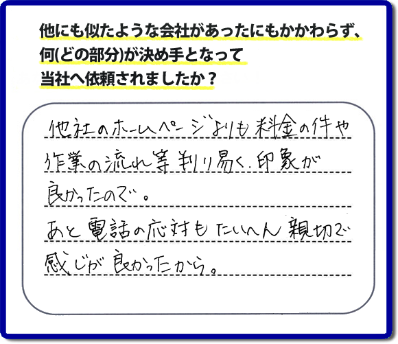 口コミ評判２２　「他社のホームページよりも料金の件や作業の流れ等が判り易く、印象が良かったので。あと電話の応対もたいへん親切で感じが良かったから。」と糟屋郡志免町のお客様よりたいへんうれしいお褒めのメッセージをいただきました。便利屋【便利屋】暮らしなんでもお助け隊 福岡別府店（福岡）では、福岡一番の口コミ評判のメッセージを掲載しています。お家の片付けで困ったときは、何でも屋・便利屋【便利屋】暮らしなんでもお助け隊 福岡別府店へお電話下さい。